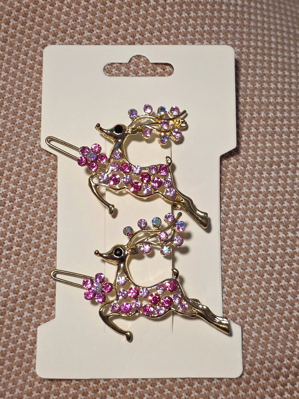 Gold-Tone Reindeer Hair Clips with Pink Rhinestones (Set of 2)